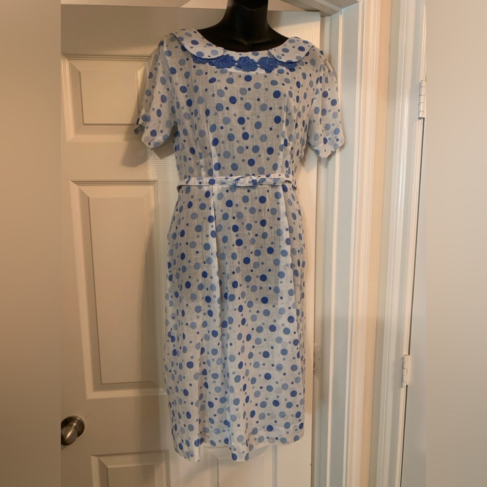 Vintage Peg Palmer sheer blue polka dot belted dress with side zipper